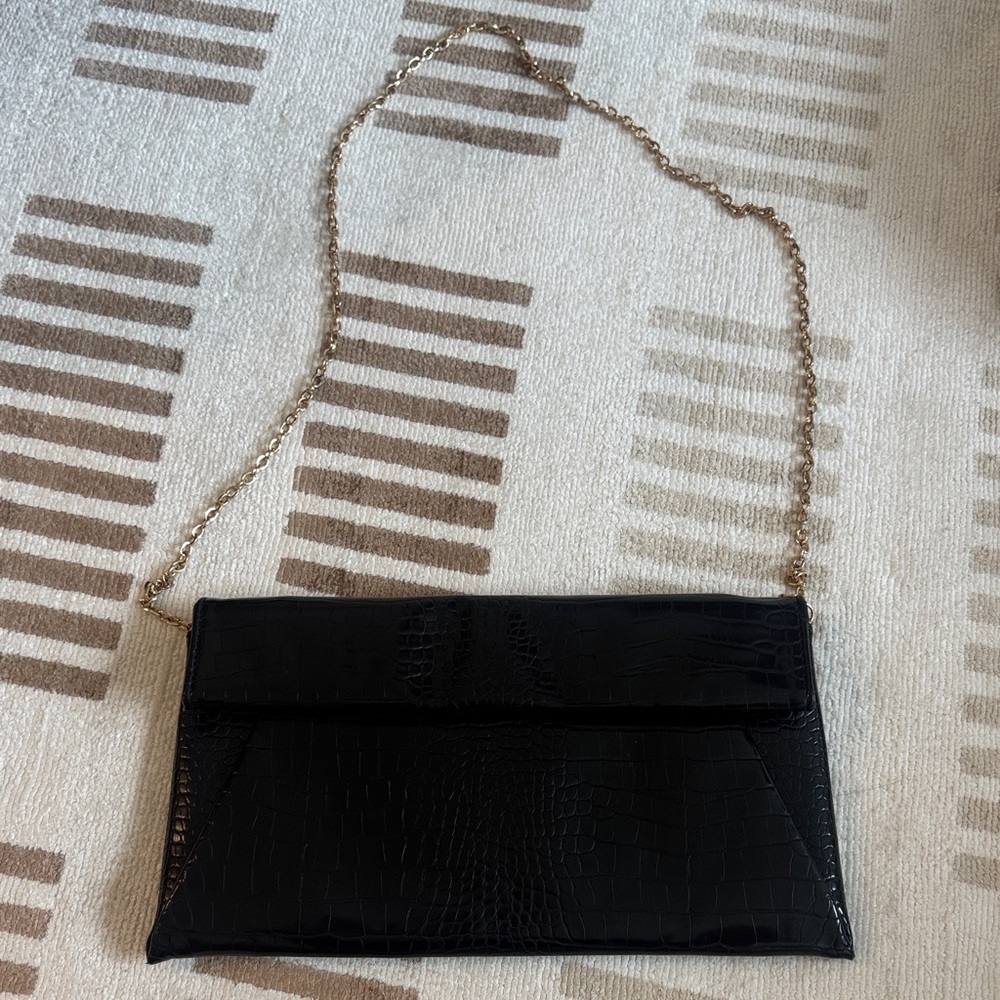 Aqua Black Crocodile-Embossed Clutch with Gold Chain, 12-13 inches long